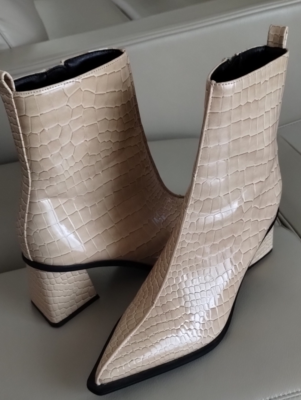 Topshop Cream Croc-Effect Square Toe Ankle Boots